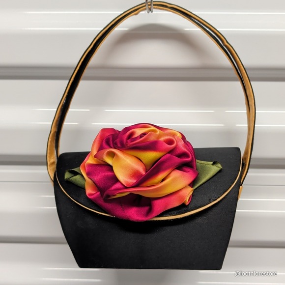 Lorren Bell Satin Rose Evening Bag Black Crossbody Clutch Floral Wedding Small — photo 2
